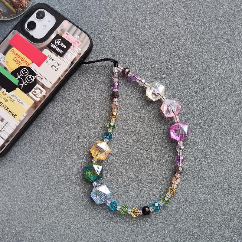 WCCH Beaded Phone Charm Y2K Kawaii Handmade Acrylic Phone Lanyard Wrist Strap for Camera Bag Airpods Keychain Charm Colorful Hexagonal Crystal Beads - Image 3